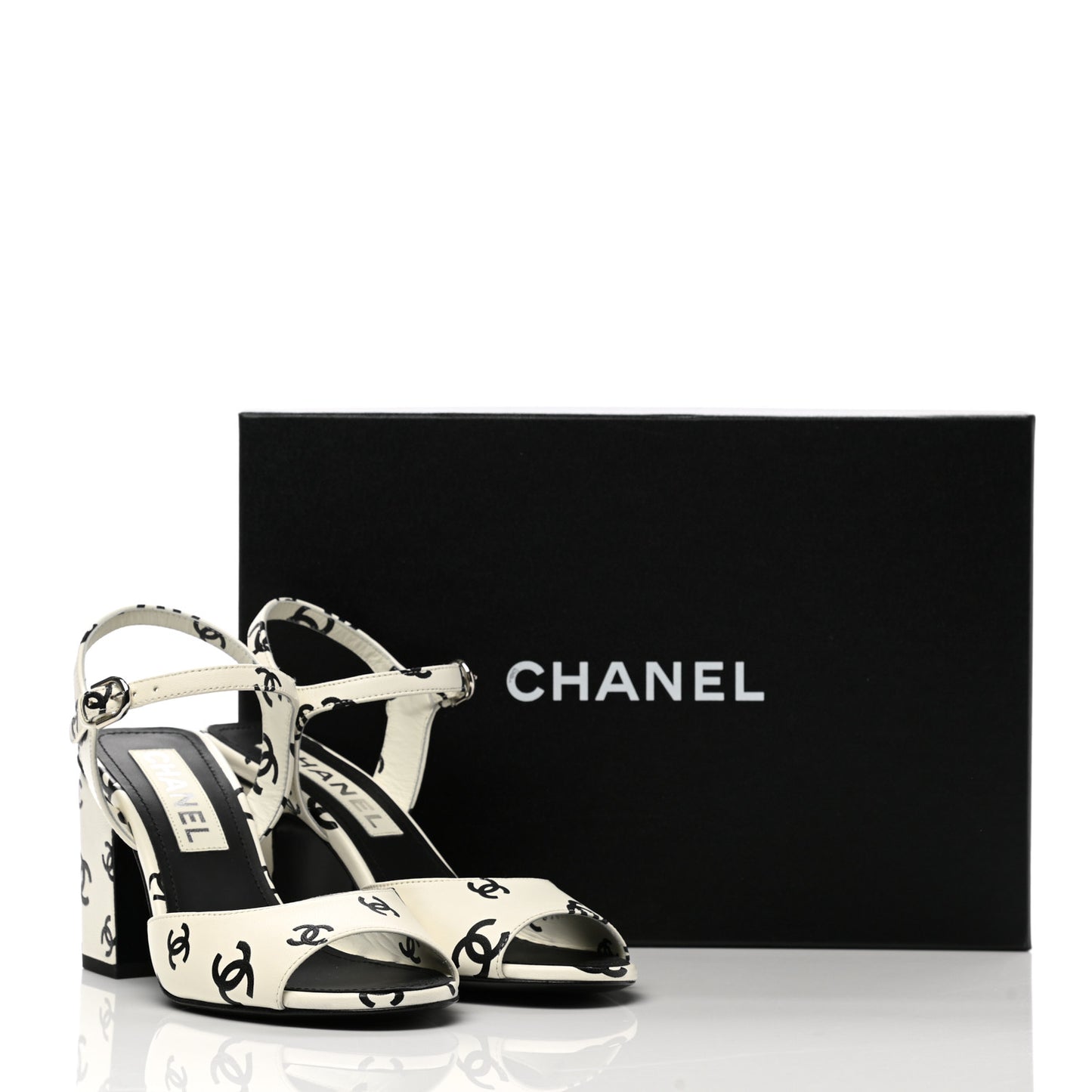 Printed Lambskin CC Sandals 36 White Black
