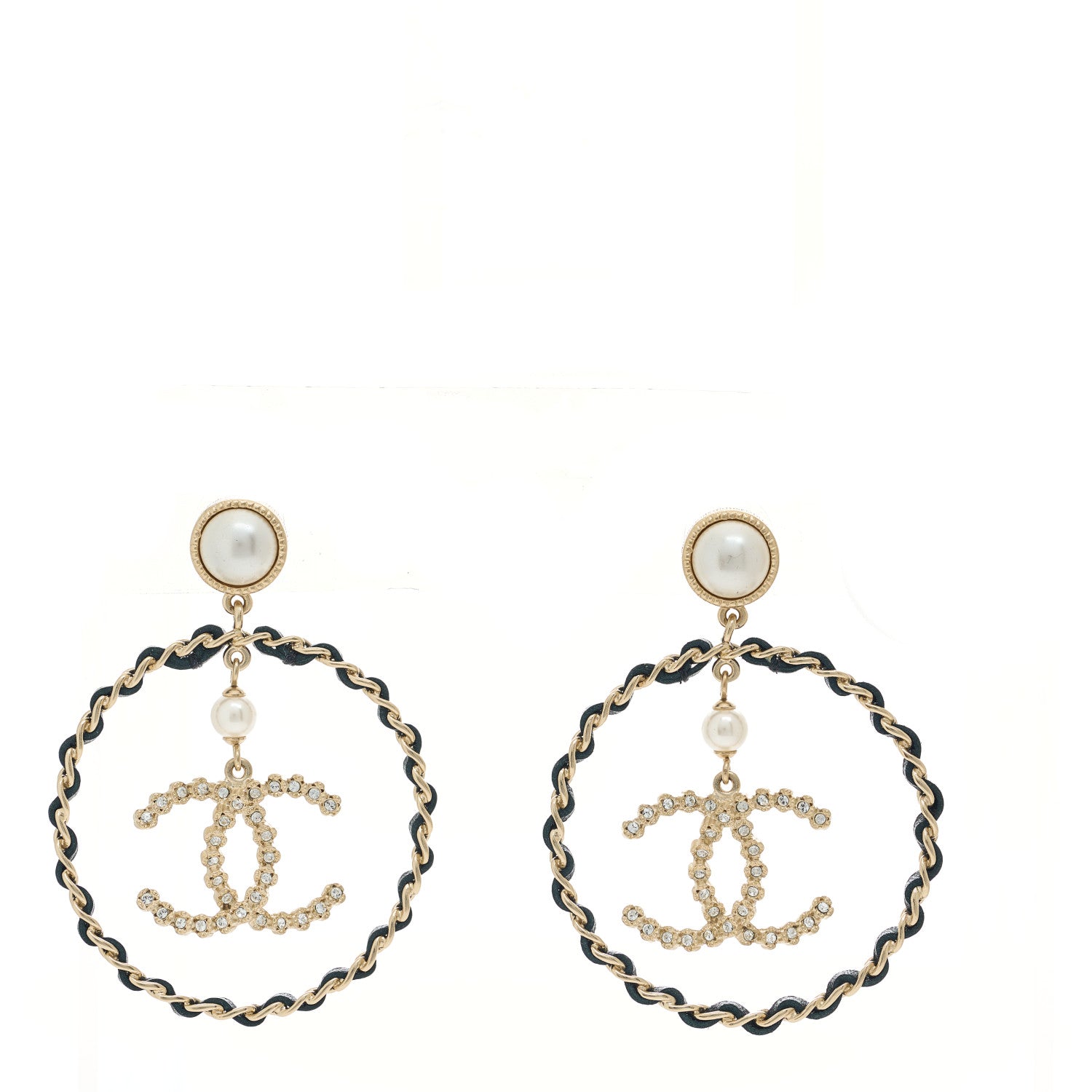 Chanel Lambskin Crystal Pearl CC Drop Earrings Gold Black 1 of 5