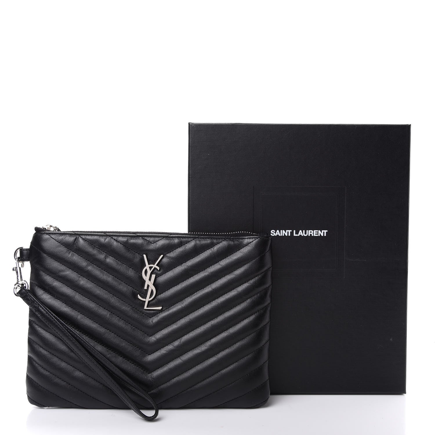 Saint Laurent Calfskin Matelasse Chevron Monogram A5 Wristlet Black 8 of 8