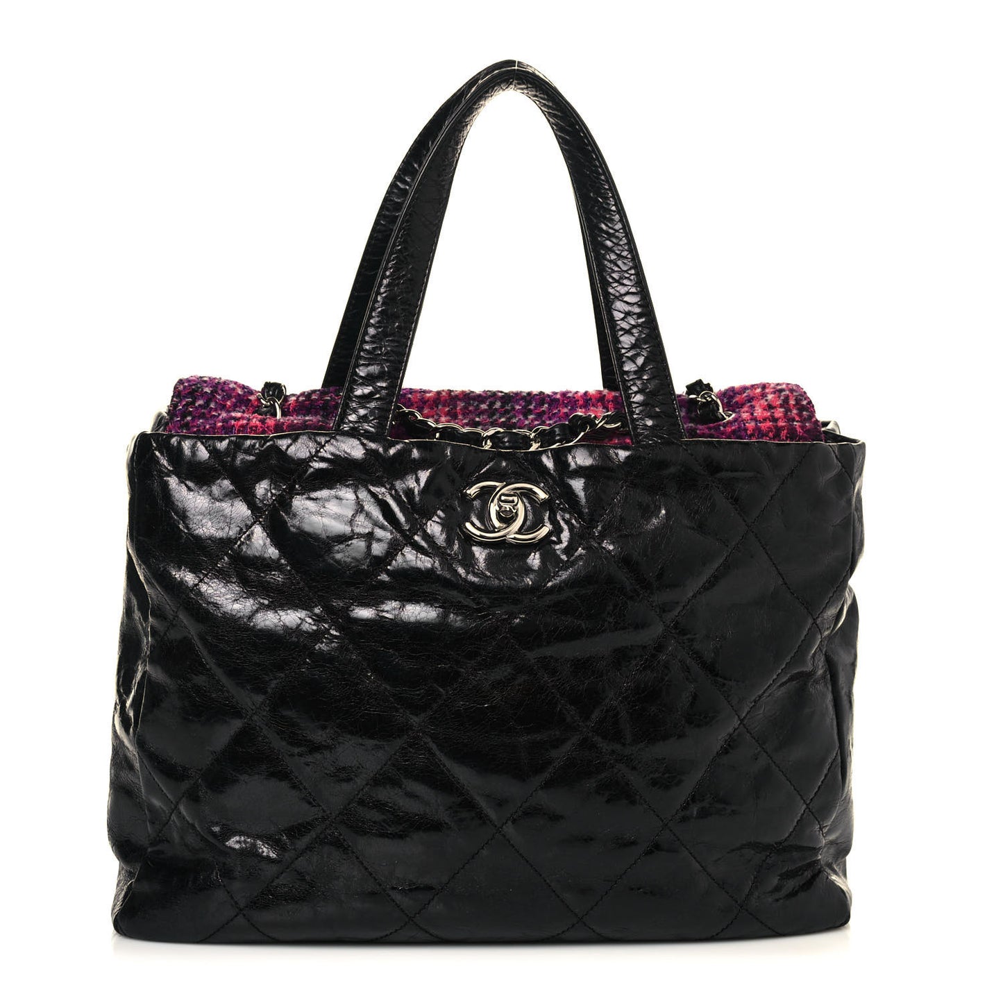 Glazed Calfskin Quilted Tweed Portobello Tote Black Pink