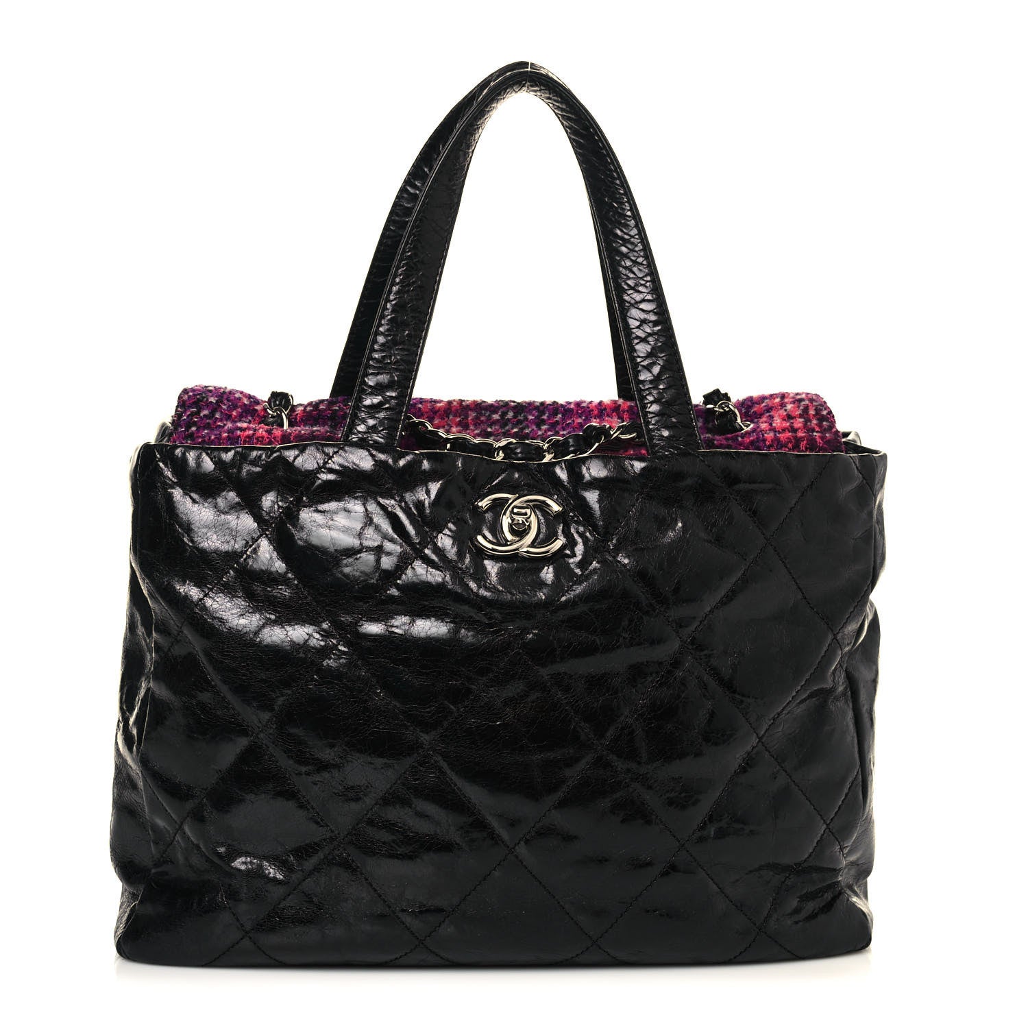 Chanel Glazed Calfskin Quilted Tweed Portobello Tote Black Pink 1 of 15