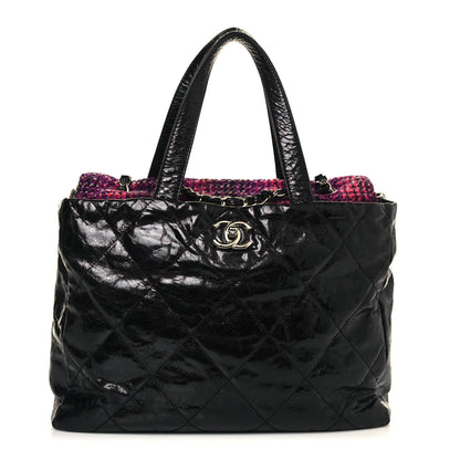 Chanel Glazed Calfskin Quilted Tweed Portobello Tote Black Pink 1 of 15