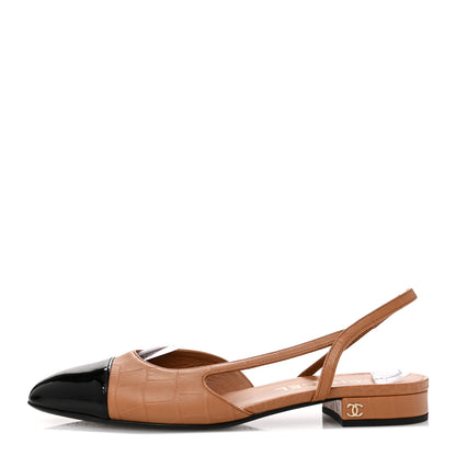 Chanel Calfskin Crocodile Embossed Patent Cap Toe CC Slingback Flats 38 Brown Black 1 of 11