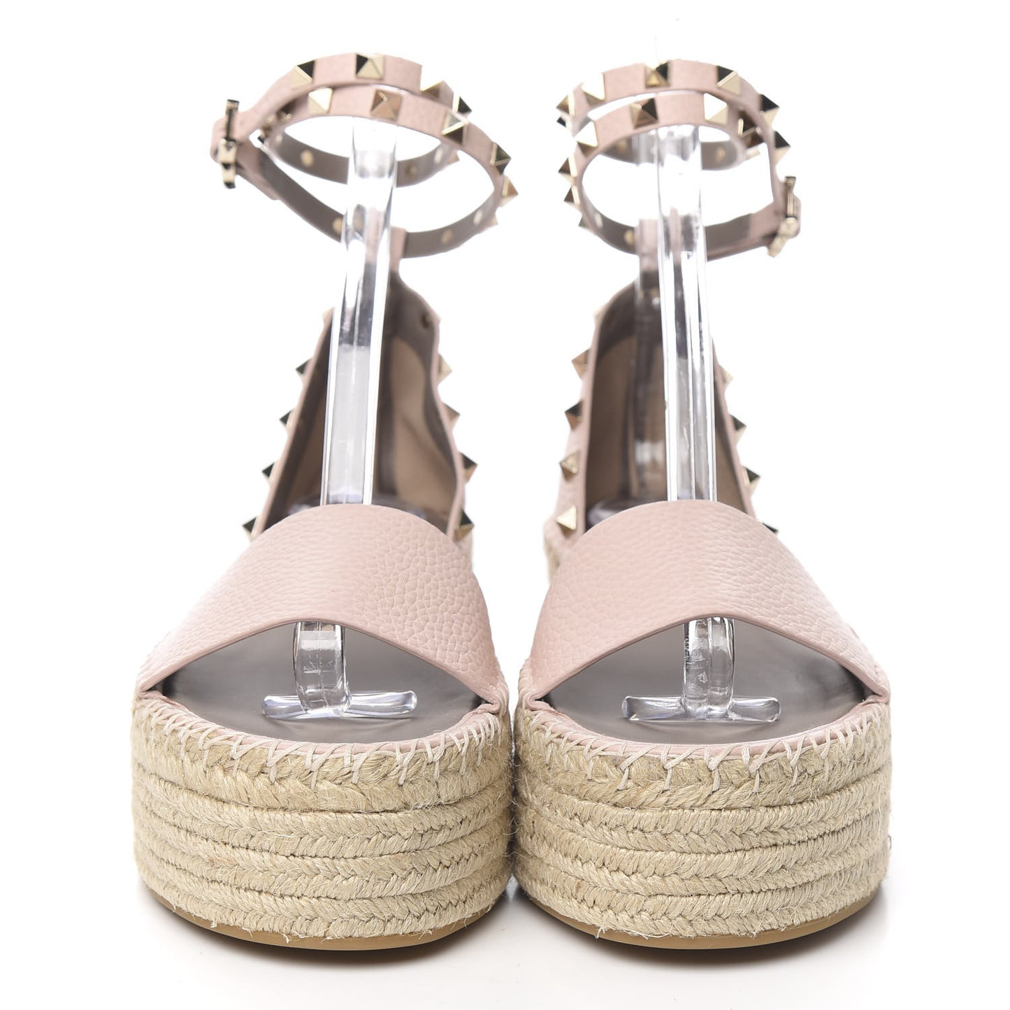 Grained Calfskin Rockstud Ankle Wrap Espadrille Flatform Sandals 38 Rose Quartz