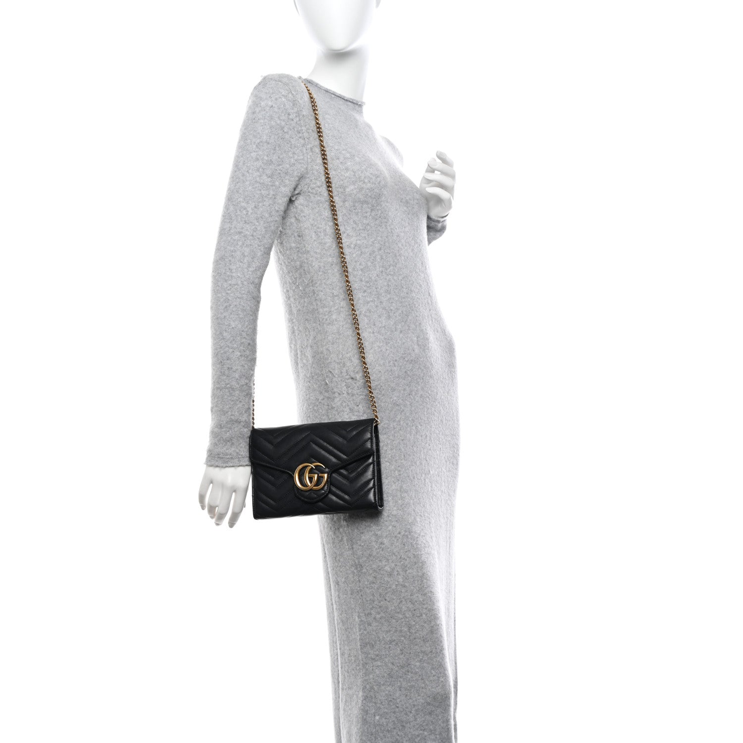 Gucci Calfskin Matelasse GG Marmont Chain Wallet Black 2 of 14