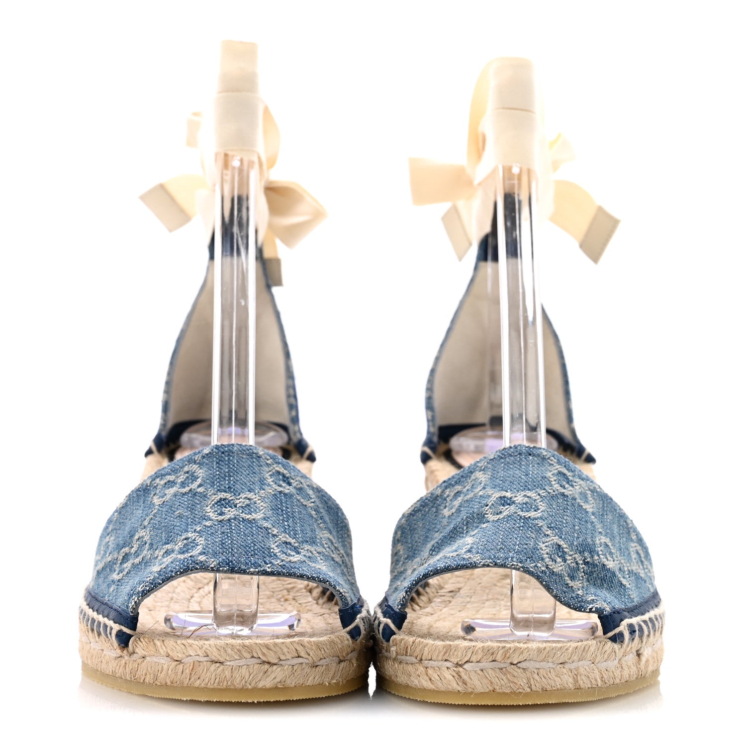 Gucci New Denim GG Monogram Pilar Ankle Wrap Espadrille Wedge Sandals 37 Light Blue 3 of 11