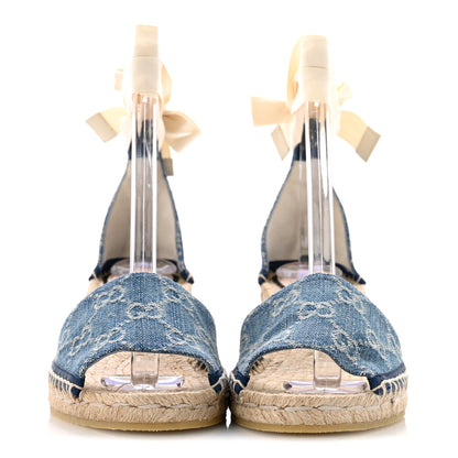Gucci New Denim GG Monogram Pilar Ankle Wrap Espadrille Wedge Sandals 37 Light Blue 3 of 11