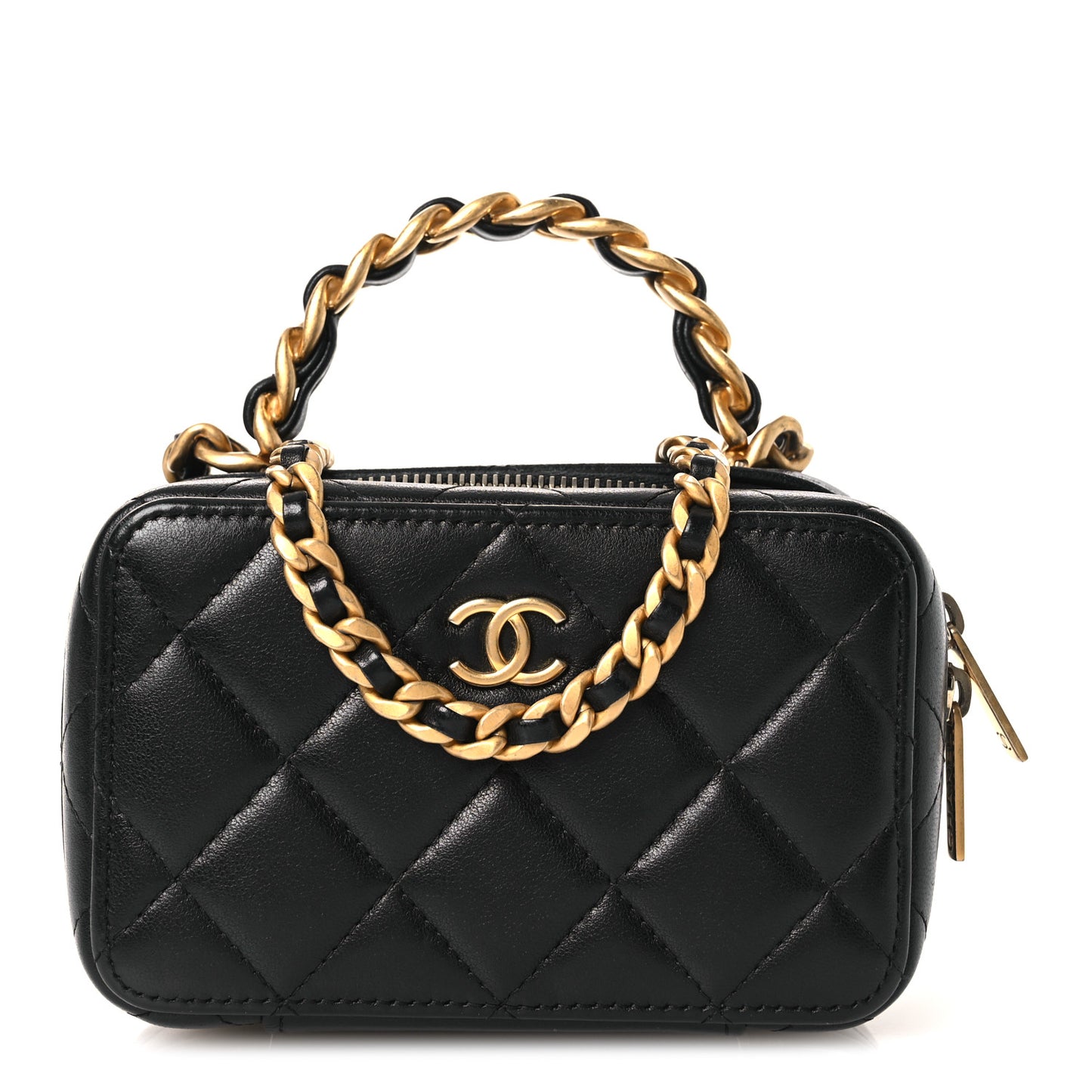 Lambskin Quilted Top Handle Mini Vanity Case Black