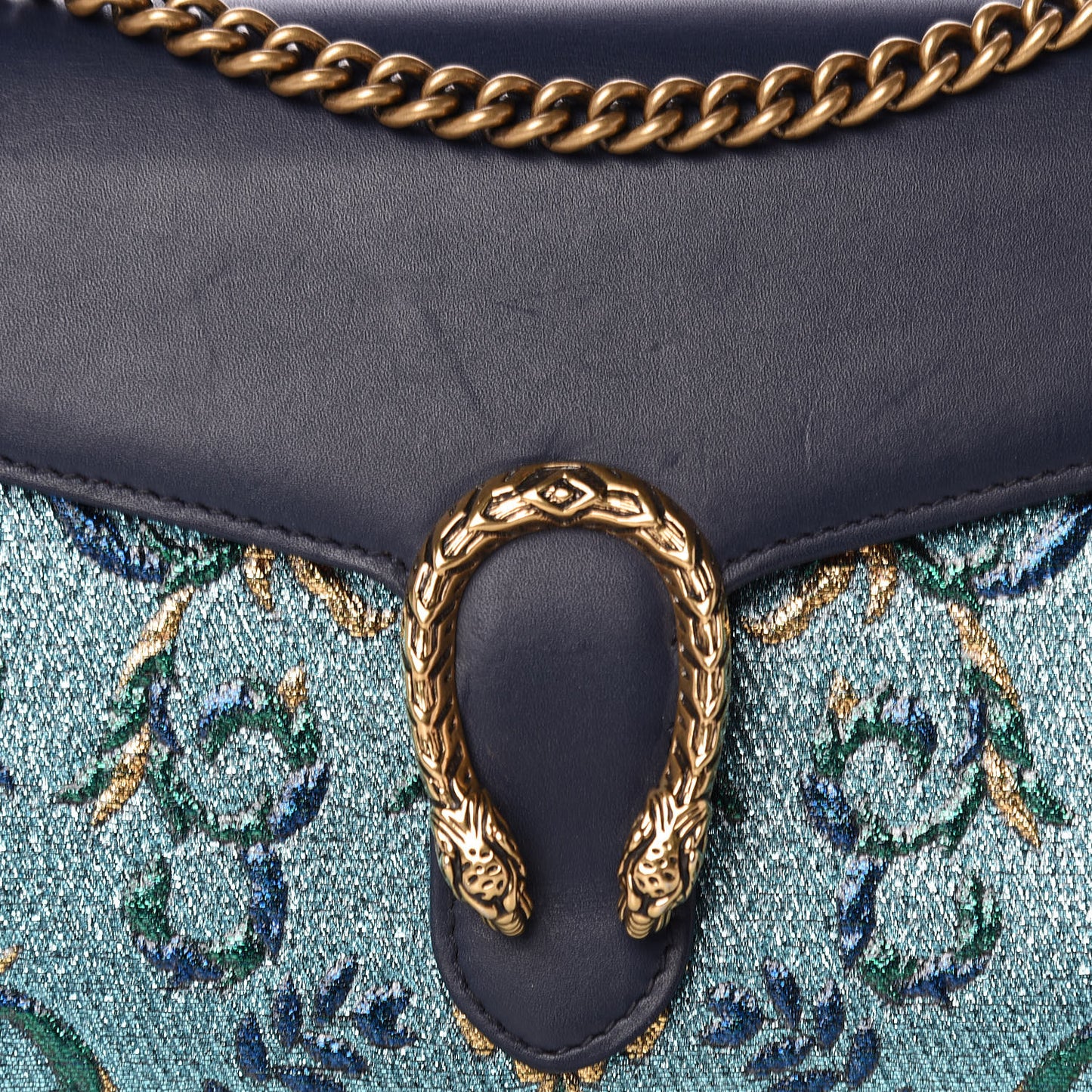 Metallic Brocade Calfskin Mini Dionysus Chain Wallet Black Blue Azure