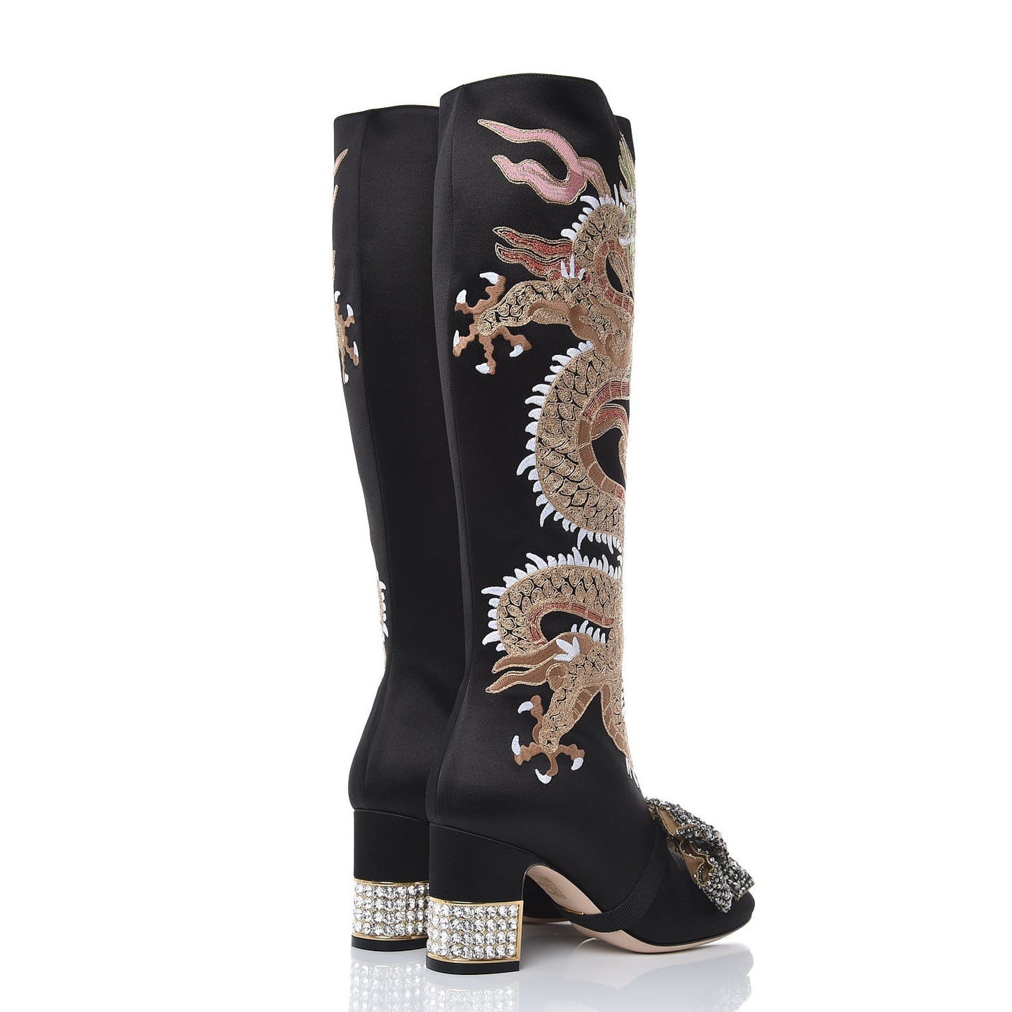 Silk Satin Malaga Kid Embroidered Candy Dragon Block-Heel Knee Boot 37.5 Black