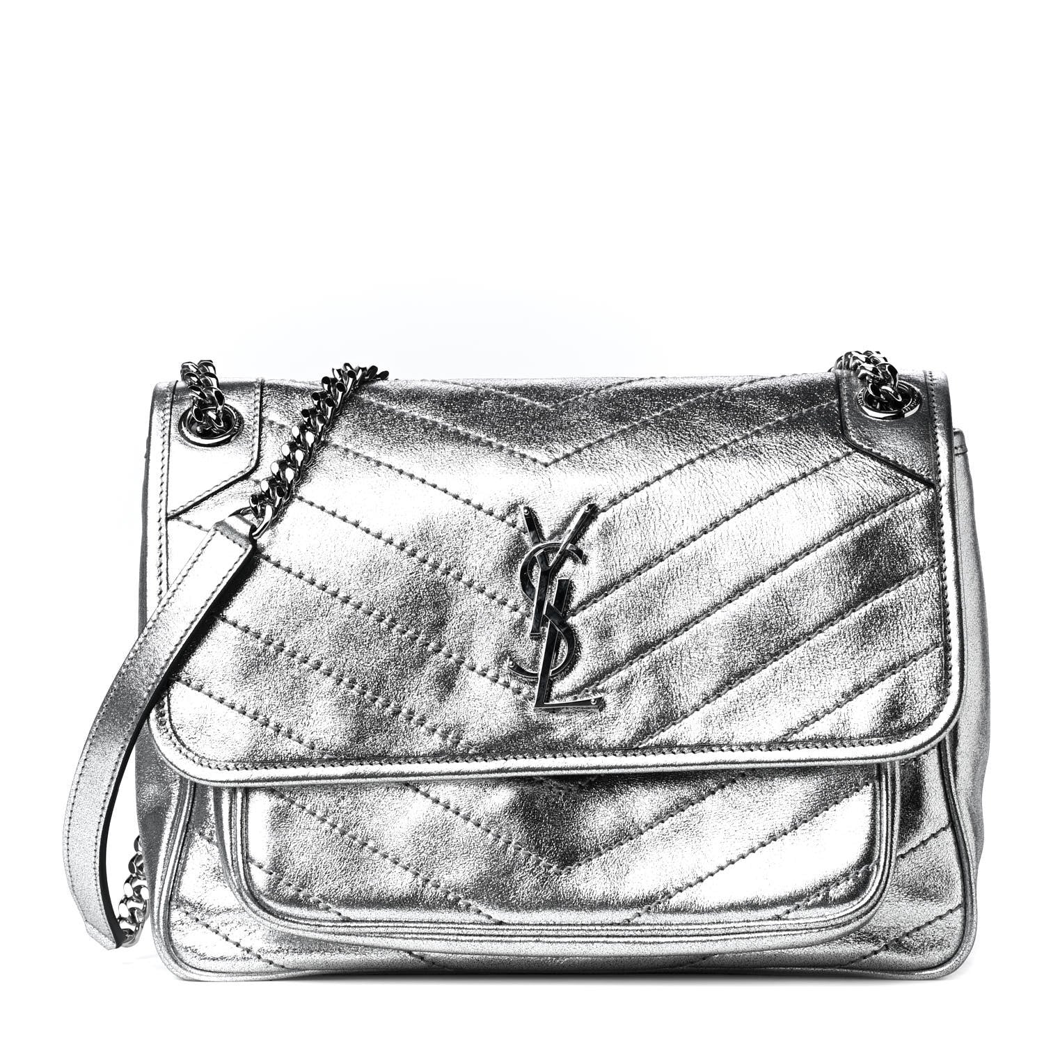 Saint Laurent Metallic Lambskin Matelasse Monogram Medium Niki Chain Satchel Argento 1 of 4