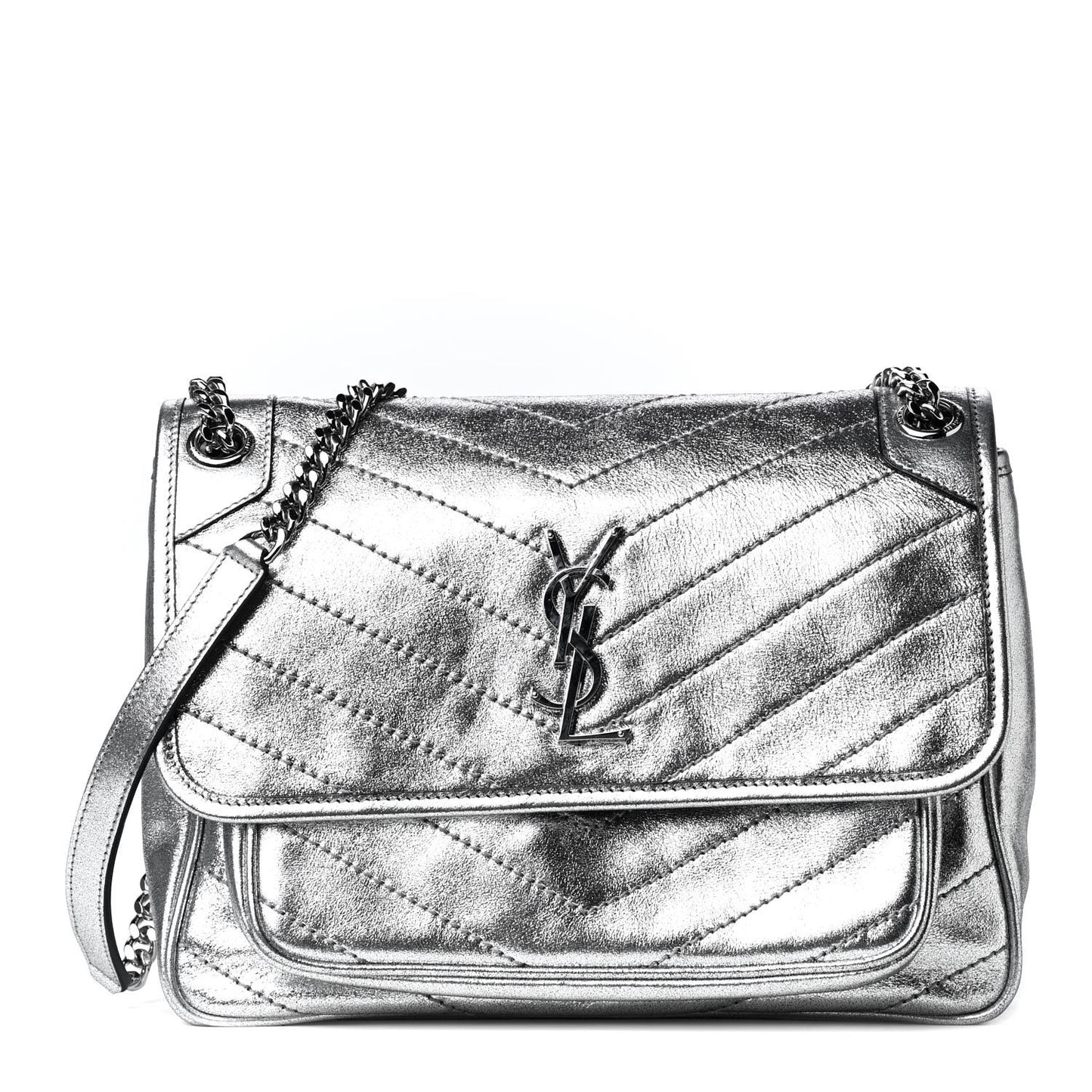 Metallic Lambskin Matelasse Monogram Medium Niki Chain Satchel Argento