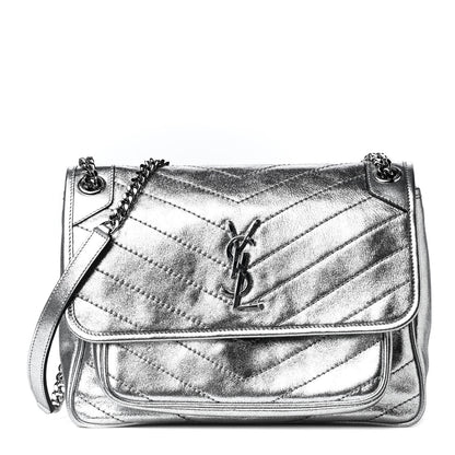Saint Laurent Metallic Lambskin Matelasse Monogram Medium Niki Chain Satchel Argento 1 of 5
