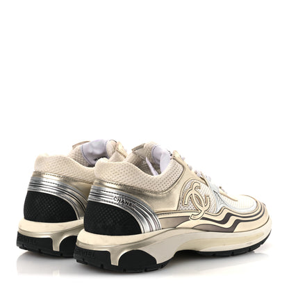 Chanel Fabric Laminated Calfskin Stretch CC Womens Sneakers 40 White Gold Silver 5 of 13