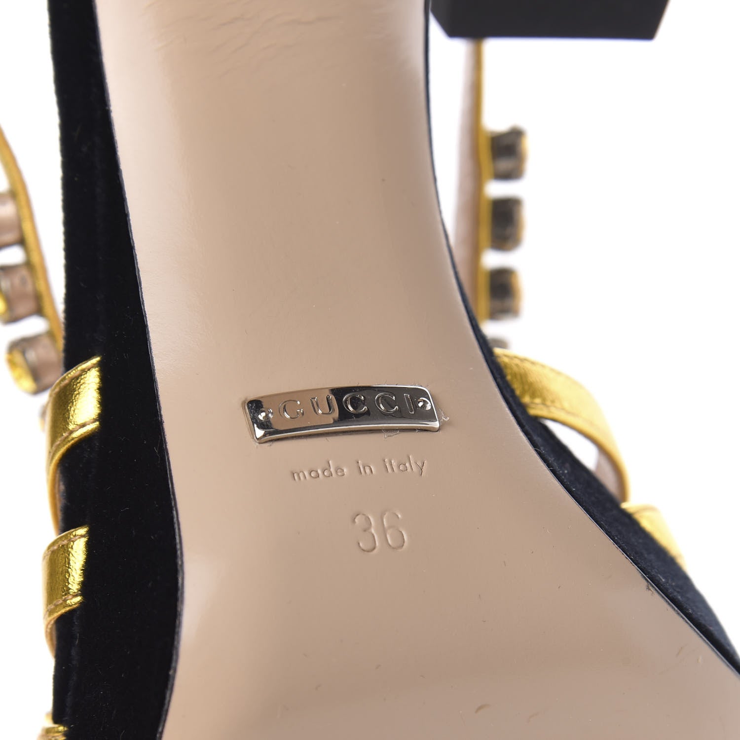 Gucci Velvet Nappa Crystal Zephyra Slingback Platform High Heel Sandals 36 Black Gold 6 of 9