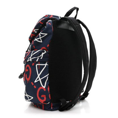 Gucci Techno Canvas GucciGhost Double Buckle Backpack Blue Agata Hibiscus Red 2 of 9