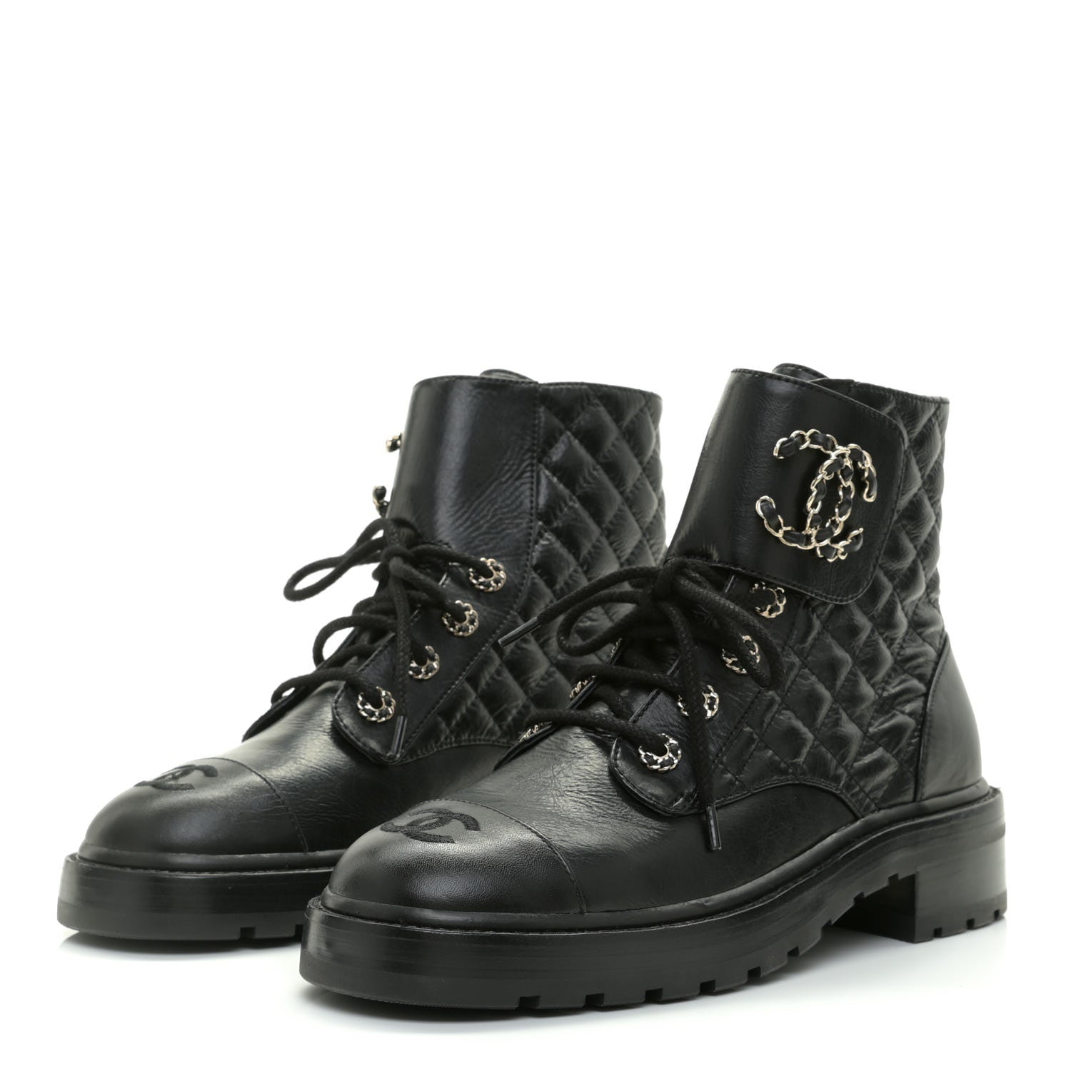 Chanel Shiny Goatskin Calfskin Quilted Lace Up Combat Boots 40 Black 2 of 9