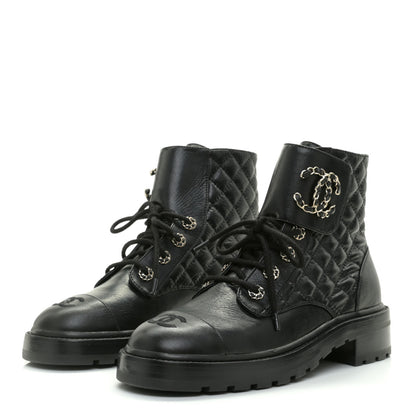 Chanel Shiny Goatskin Calfskin Quilted Lace Up Combat Boots 40 Black 2 of 9
