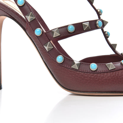 Valentino Garavani Pebbled Calfskin Turquoise Rockstud Rolling Ankle Strap 100mm Pumps 38 Rubin 10 of 20