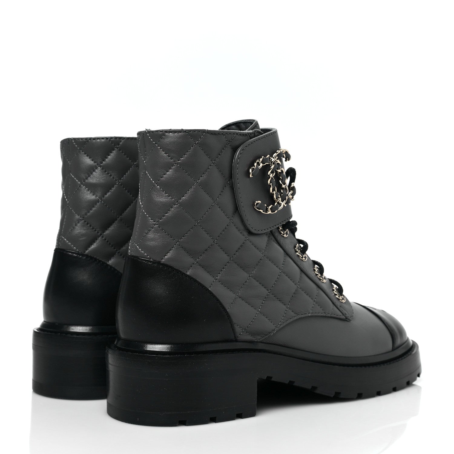 Chanel Shiny Lambskin Quilted Lace Up Combat Boots 38 Grey Black 4 of 7