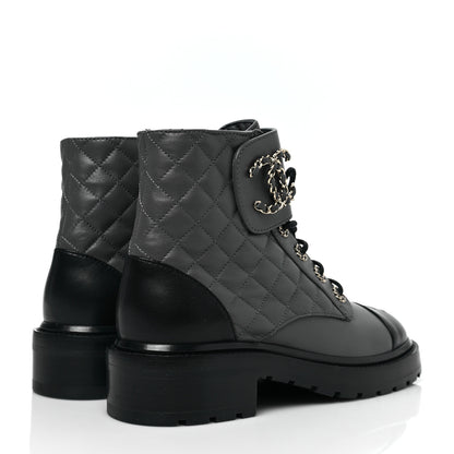 Chanel Shiny Lambskin Quilted Lace Up Combat Boots 38 Grey Black 4 of 7