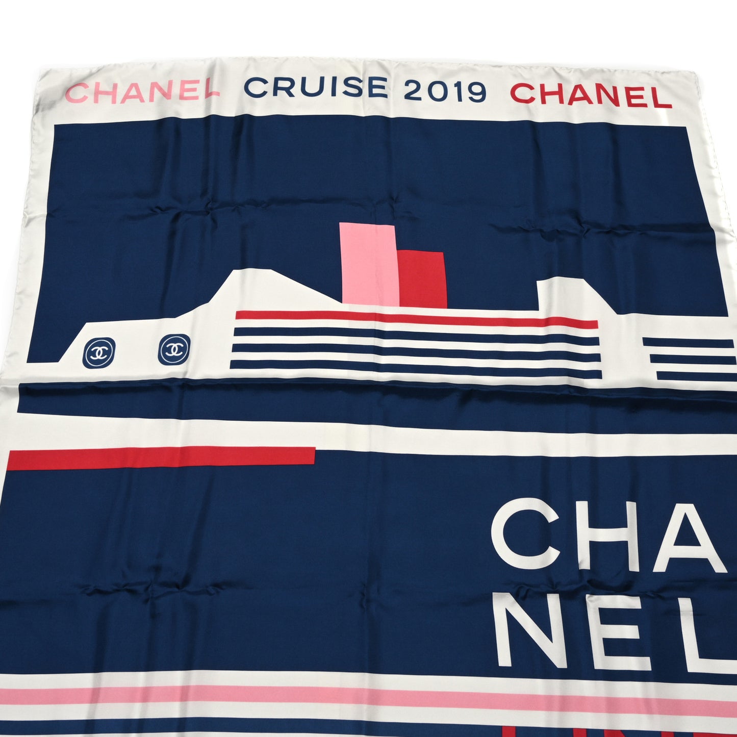 Silk Cruise Print CC Square Scarf Blue Red White