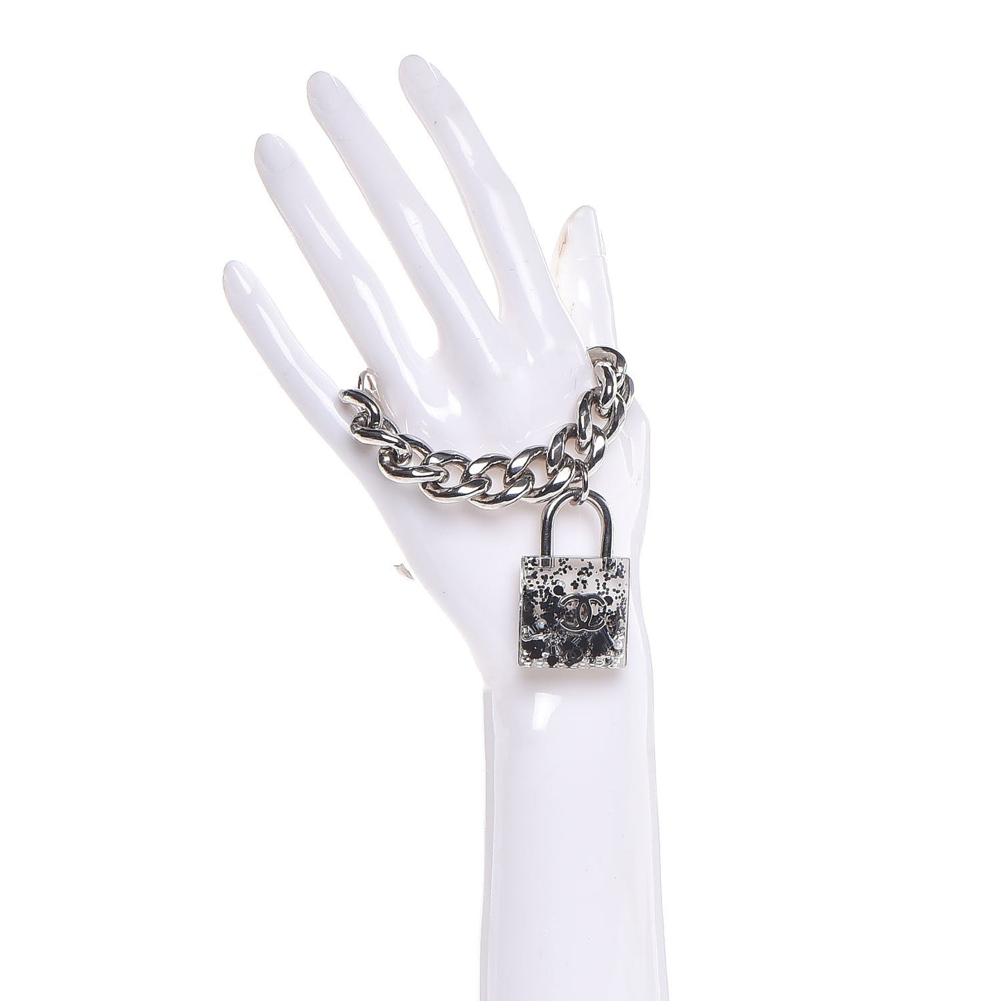 Plexiglass Pearl CC Padlock Bracelet Silver