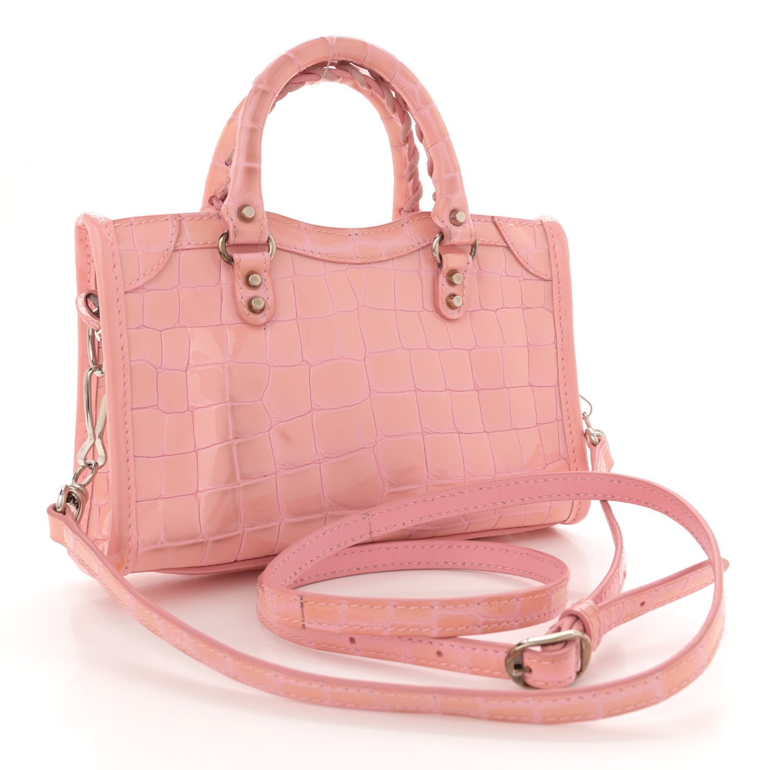 Balenciaga Patent Crocodile Embossed Classic Silver Hardware Nano City Light Pink 4 of 14
