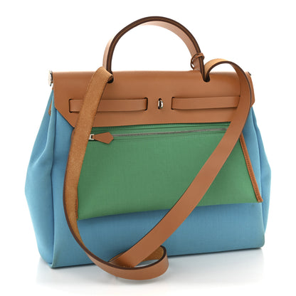 Hermes Military Toile Vache Hunter Herbag Zip Retourne 31 PM Bleu Azteque Menthe Natural 4 of 13