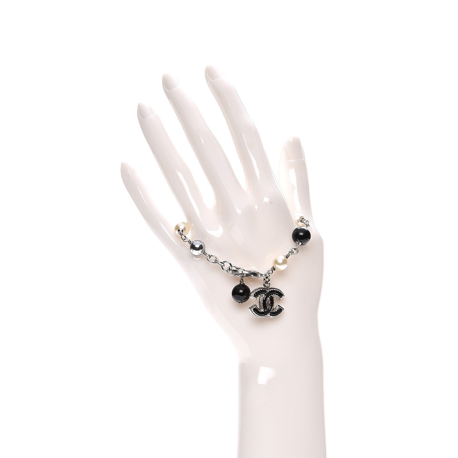 Chanel Pearl Beaded CC Bracelet Black Silver 2 of 5