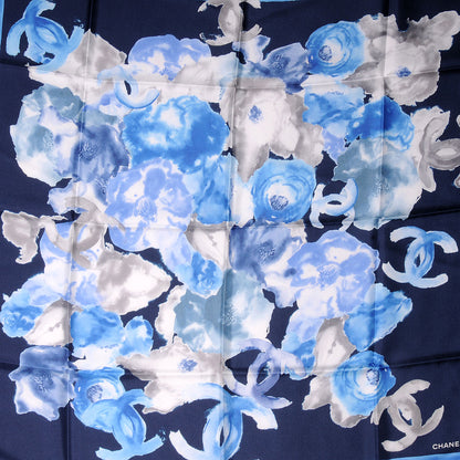 Chanel Silk CC Watercolor Camellia Flower Scarf Blue 1 of 5