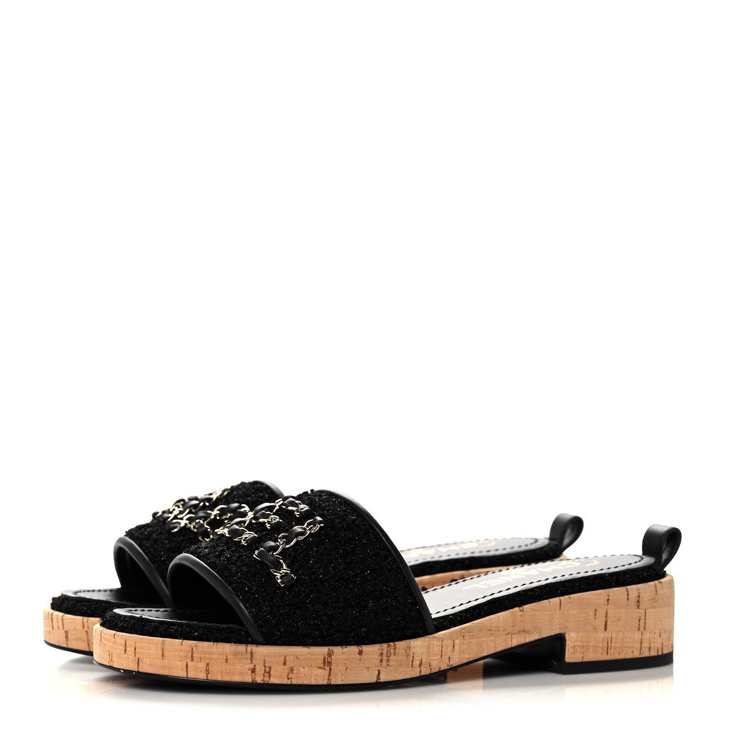 Chanel Tweed Cork CC Chain Mule Sandal 38 Black 3 of 9