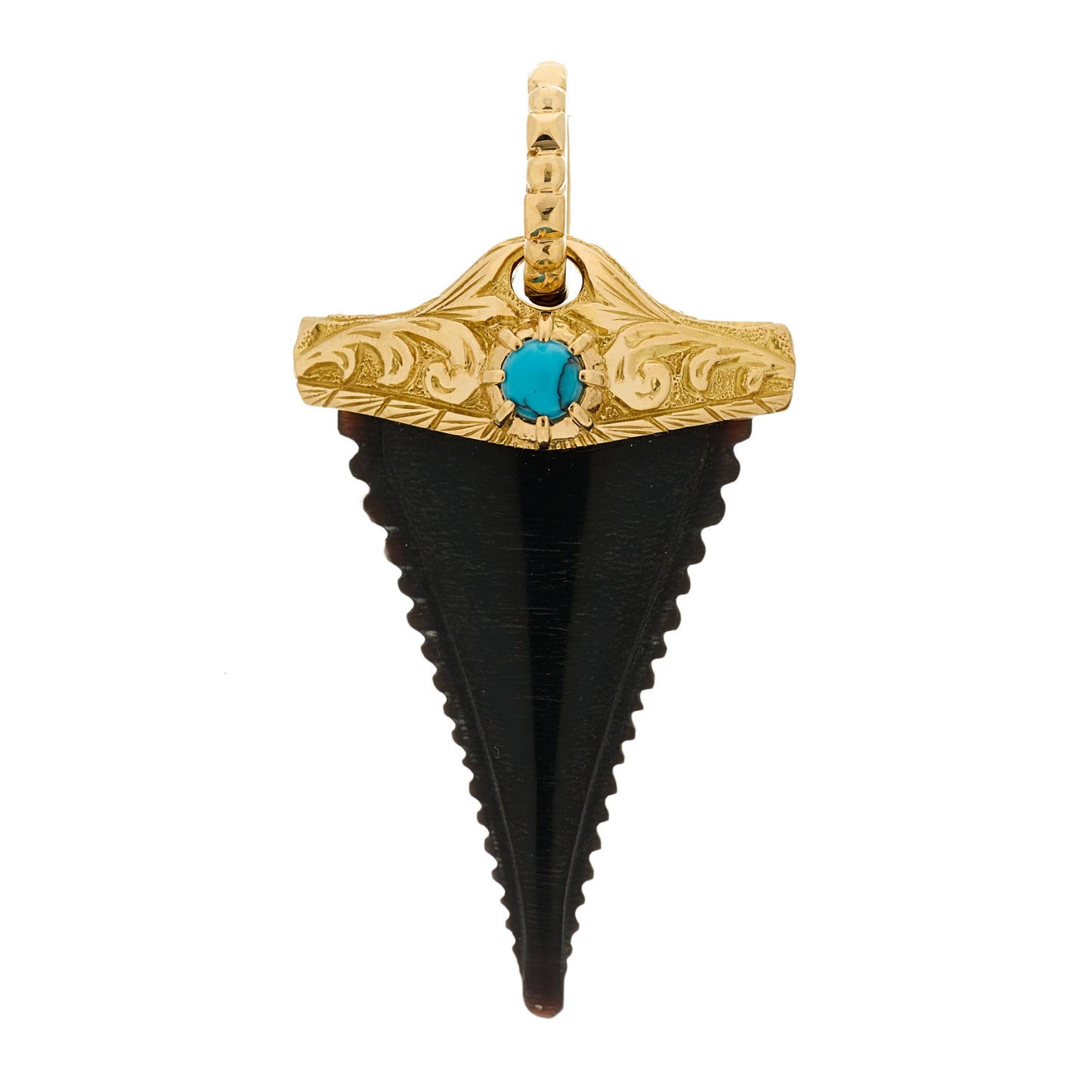 18K Yellow Gold Black Horn Turquoise Shark Tooth Charm