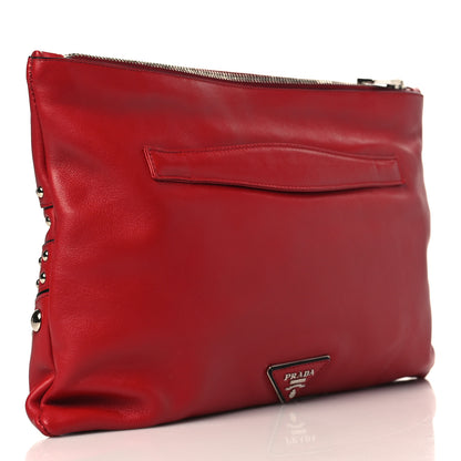 Prada Soft Calfskin Studded Zip Clutch Fuoco 3 of 9