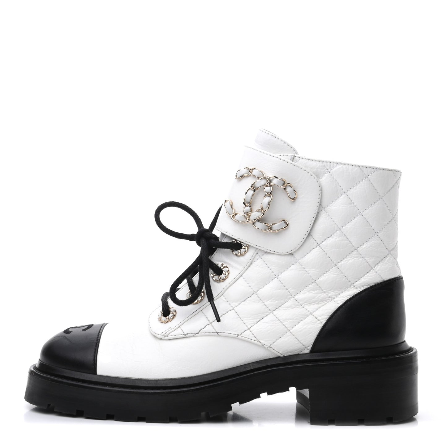 Shiny Goatskin Calfskin Quilted Lace Up Combat Boots 37.5 White Black