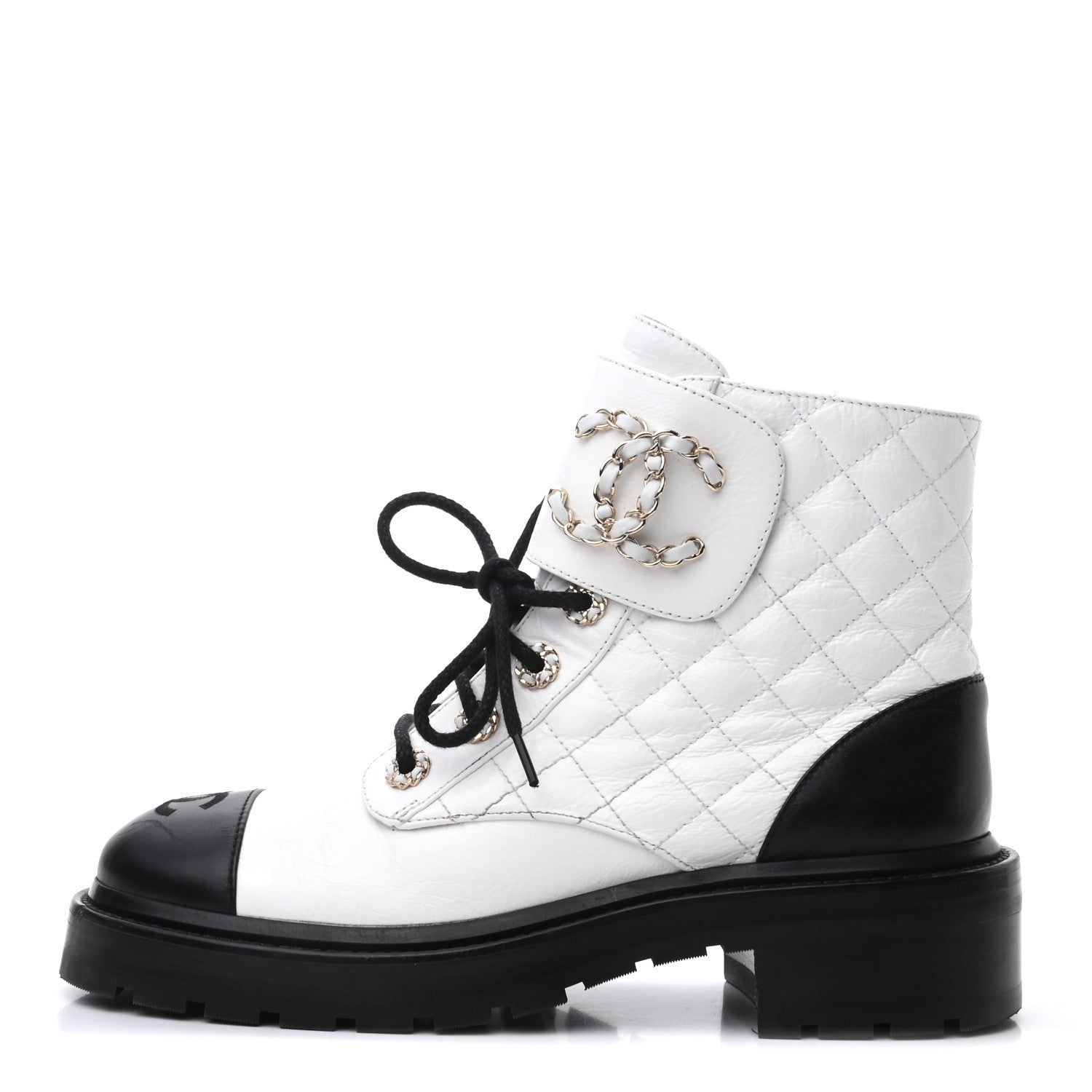 Chanel Shiny Goatskin Calfskin Quilted Lace Up Combat Boots 37.5 White Black 1 of 9
