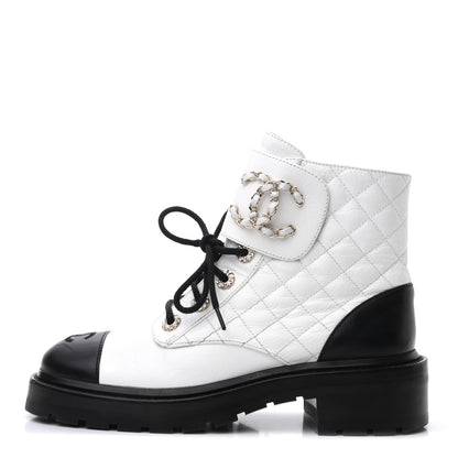 Chanel Shiny Goatskin Calfskin Quilted Lace Up Combat Boots 37.5 White Black 1 of 9