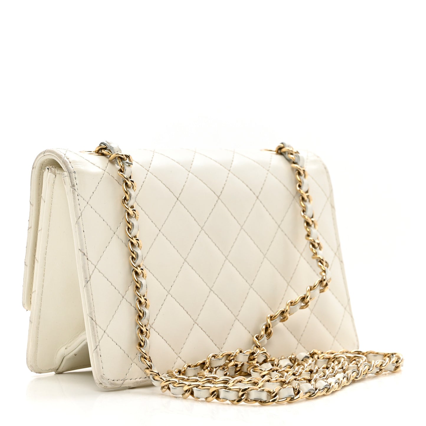 Glazed Calfskin Quilted Small Flap White