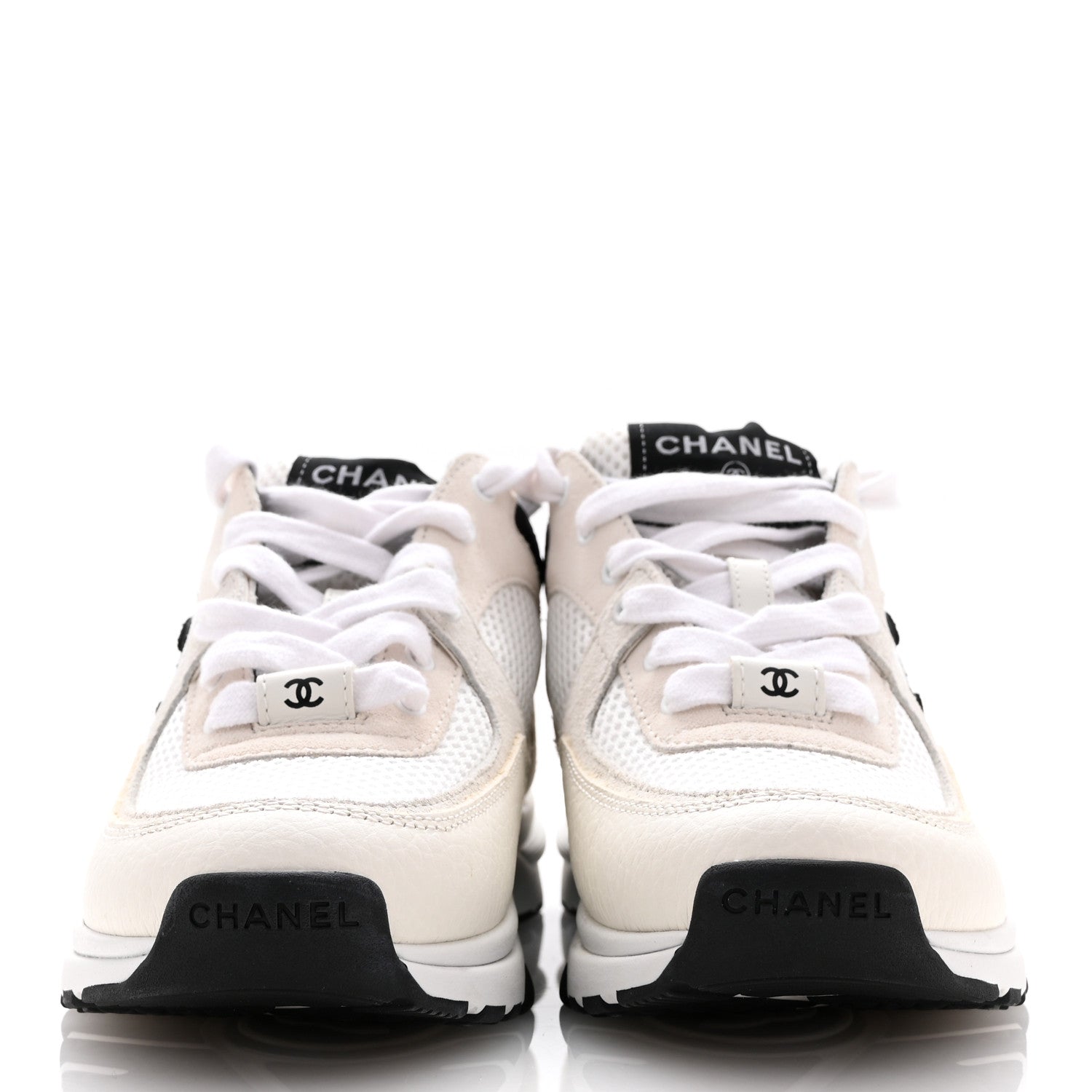 Chanel Mesh Suede Calfskin Grained Calfskin Womens CC Sneakers 35 White Black 3 of 9