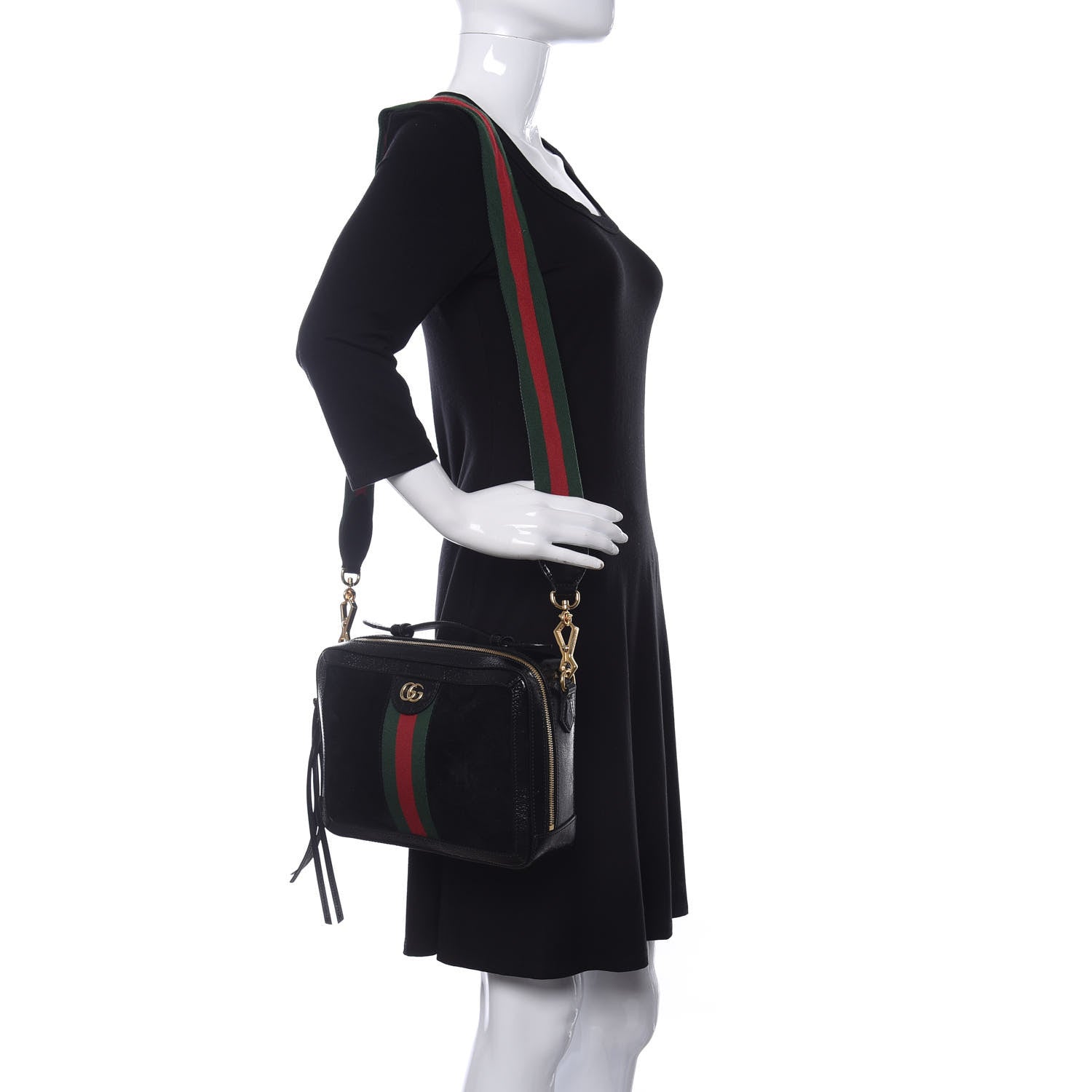 Gucci Suede Patent Web Small Ophidia Top Handle Shoulder Bag Black 2 of 12