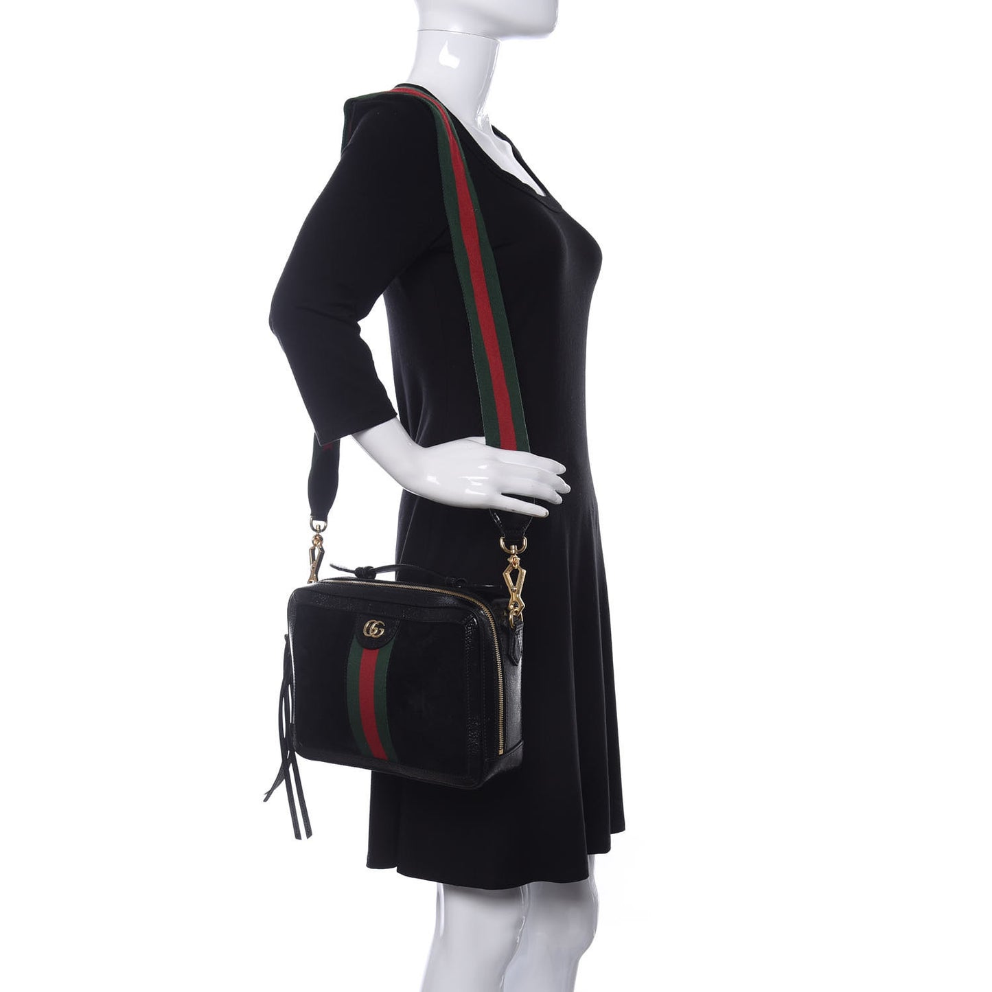Suede Patent Web Small Ophidia Top Handle Shoulder Bag Black