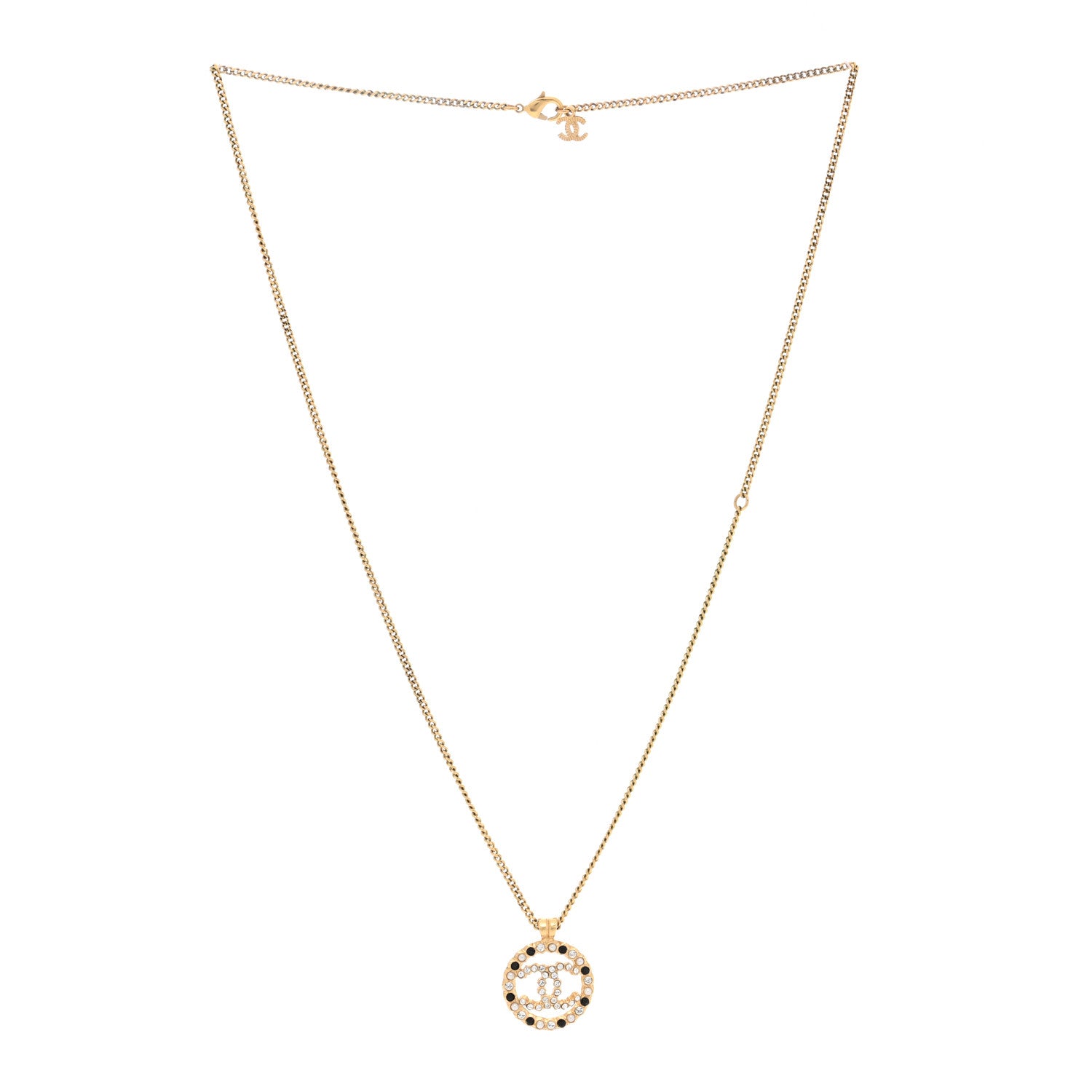 Chanel Pearl Crystal CC Round Pendant Necklace Gold Black 2 of 5