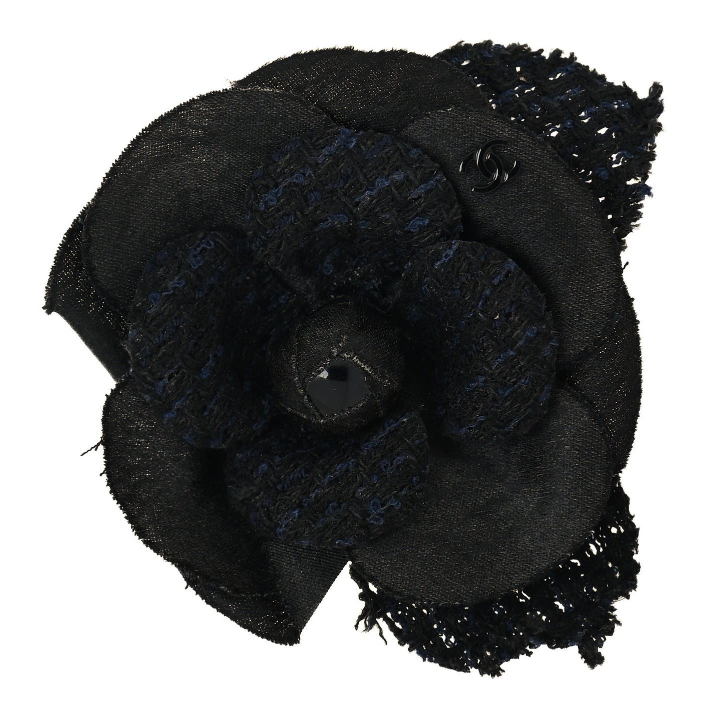 Tweed Fabric Camellia Pin Brooch Black