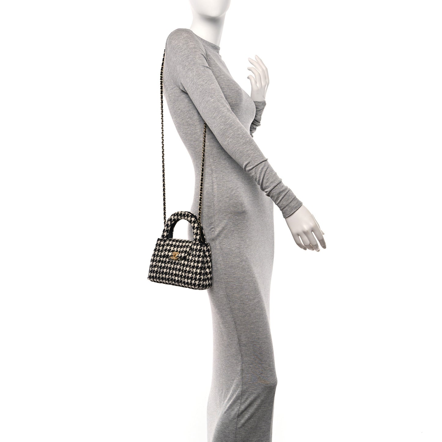 Tweed Houndstooth Quilted Nano Kelly Shopper Black White