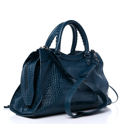 Balenciaga Calfskin Crocodile Embossed Neo Classic Silver Hardware Medium City Dark Petrol Blue 3 of 11