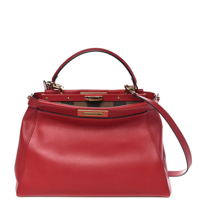 Fendi Vitello Morgan Fabric Jacquard Pequin Medium Peekaboo Iconic Satchel Mattone Tobacco Black 1 of 7
