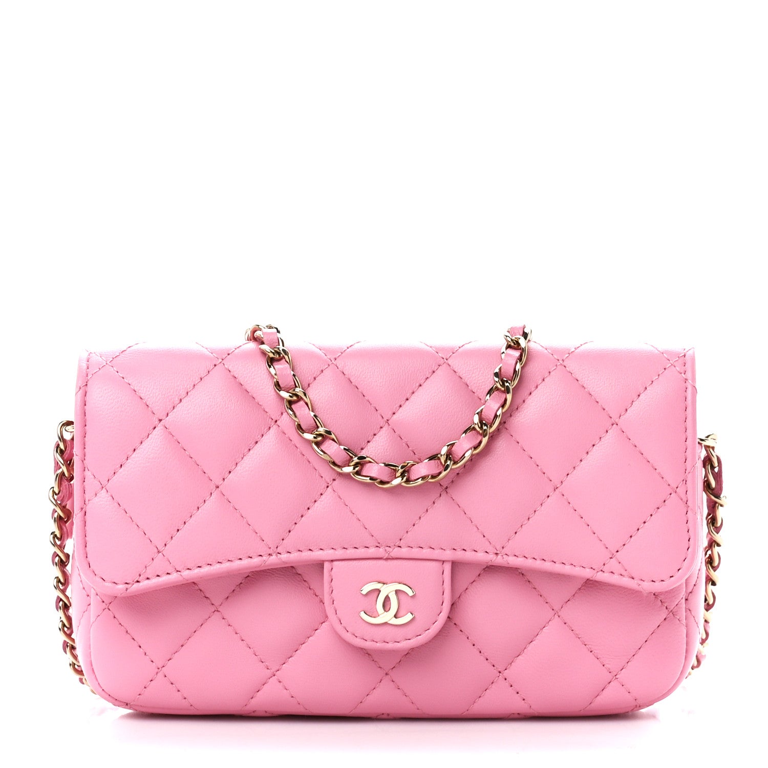 Chanel Lambskin Quilted Flap Phone Holder With Chain Pink 1 of 15
