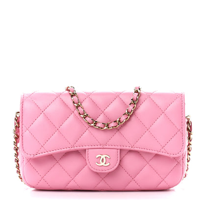 Chanel Lambskin Quilted Flap Phone Holder With Chain Pink 1 of 15