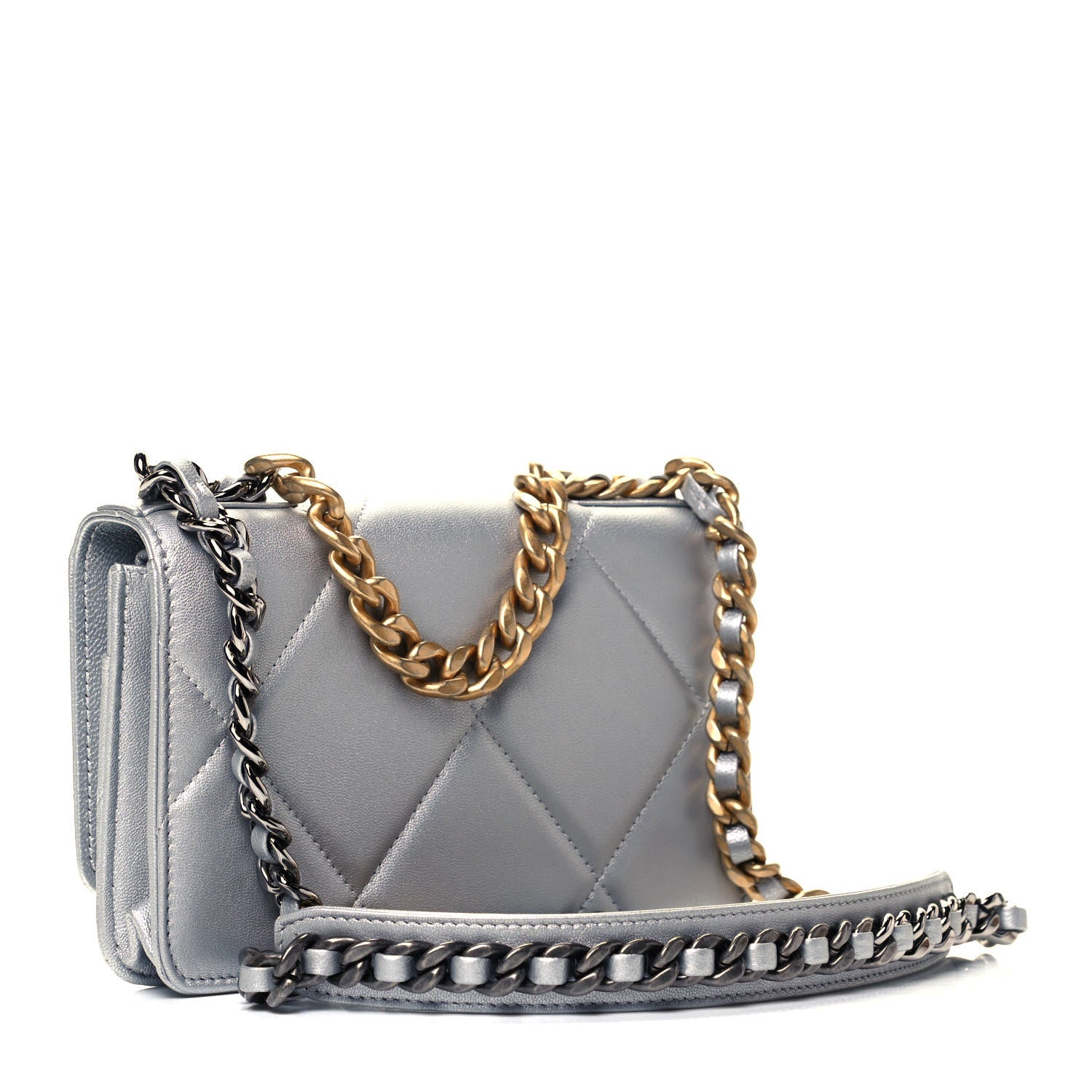 Chanel Metallic Lambskin Quilted Chanel 19 Wallet On Chain WOC Silver 2 of 8