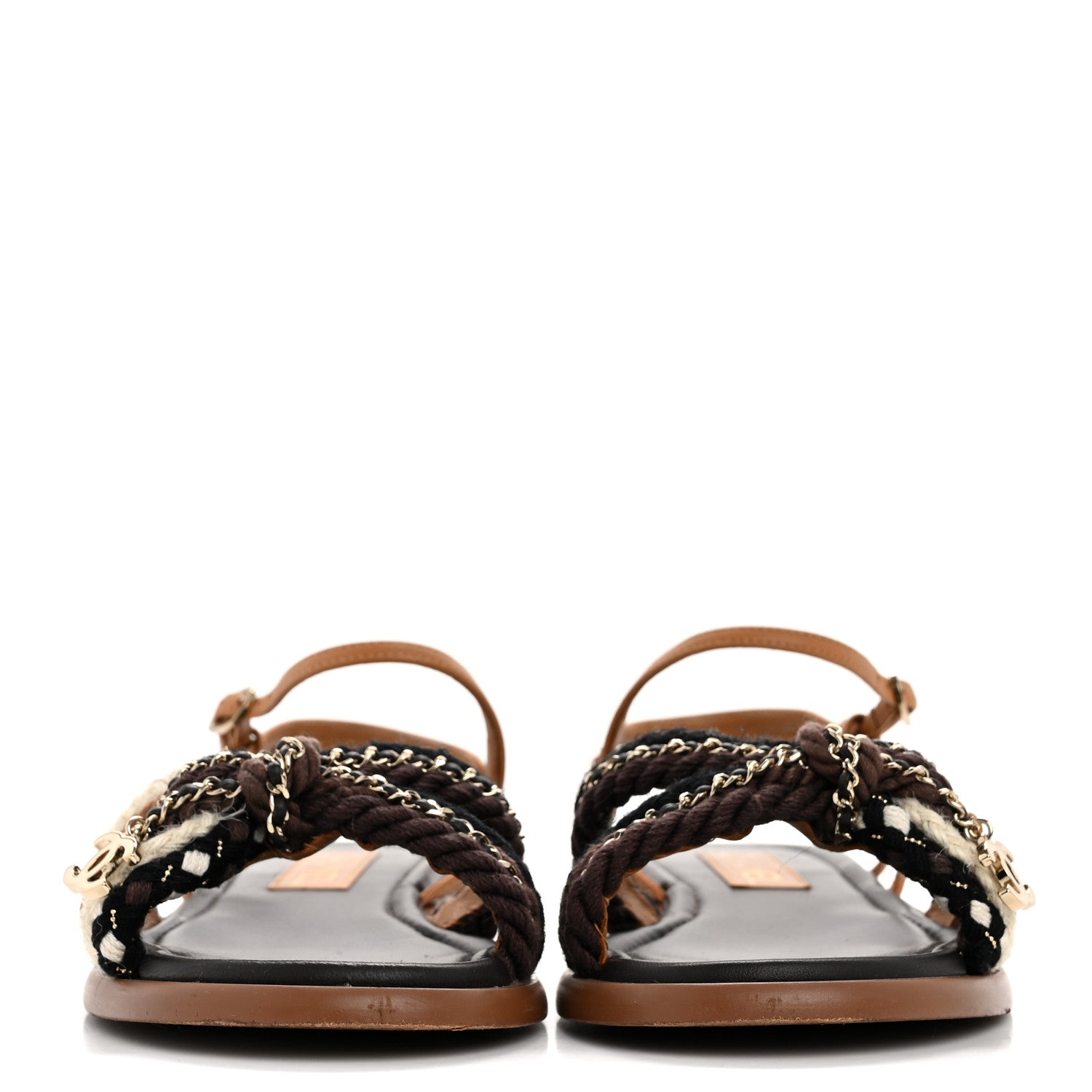 Chanel Lambskin Cord Chain CC Sandals 38.5 Brown Black Ivory 3 of 14